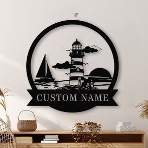 Custom Lighthouse Metal Wall Art Personalized Lighthouse Name Sign Home Decor Lighthouse Metal Sign Nautical Beach House Decor Birthday Gift