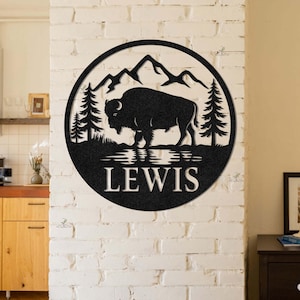 Benutzerdefinierte Bison Metallschild, personalisiertes Wildlife Schild, rustikale Hütte Wandkunst, Bison Familie Name Schild, Büffel Dekor, Bison Camp Schild, Jagd Geschenk