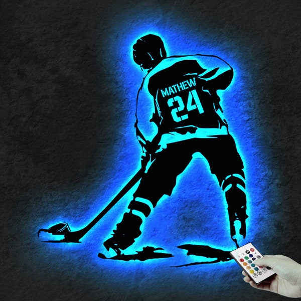 Benutzerdefinierte Eishockey Metall Wand Kunst LED Licht - Personalisierte Spieler Stick Zeichen Wohnkultur - Ideal für Wohnkultur & Geschenk