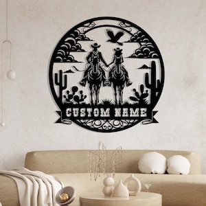 Personalisierte Cowboy Cowgirl Paar Metall Wand Kunst, benutzerdefinierte Familie Name Zeichen Wohnkultur Pferd Bauernhaus Scheune Kinderzimmer Dekor Weihnachten, Geschenk für Paar