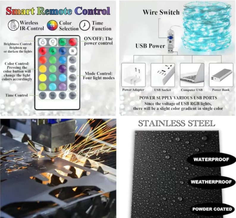 May include: A close-up of a remote control with a variety of color options and a time function. The remote control is used to control a set of LED lights. The lights are made of stainless steel and are waterproof and weatherproof. The lights can be powered by a USB power adapter, USB socket, computer USB, or power bank.