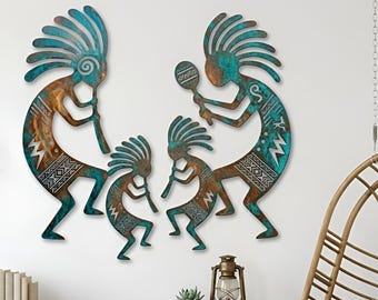 Kokopelli Familie Metall Wandkunst, 4er-Set Southwest Wanddekor, Flötenspieler Metallschild