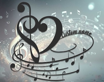 May include: Black and white musical note design with a treble clef and a heart shape. The design is on a light blue background with a blurred out pattern of musical notes.
