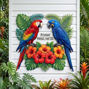 Arte mural de loros tropicales, decoración de jardín de metal, adorno de pared de guacamayo colorido, escultura de flor de hibisco, decoración para el patio trasero y el hogar