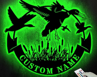 Custom Duck Hunting Metal Wall Art LED Light Personalized Hunter Name Sign Home Decor Duck Cabin Decoration Housewarming Xmas birthday Gift