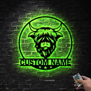 Custom Highland Cow Cuttable Metal Wall Art With Led Lights, Personalized Highland Cow Name Sign Decoration For Home, Baby Cow Metal Gifts