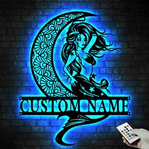 Custom Mermaid On The Moon Metal Wall Art LED Light, Personalized Mermaid Tail Name Sign Home Decor, Mermaid Home Decor & Gift, Mermaid Sign