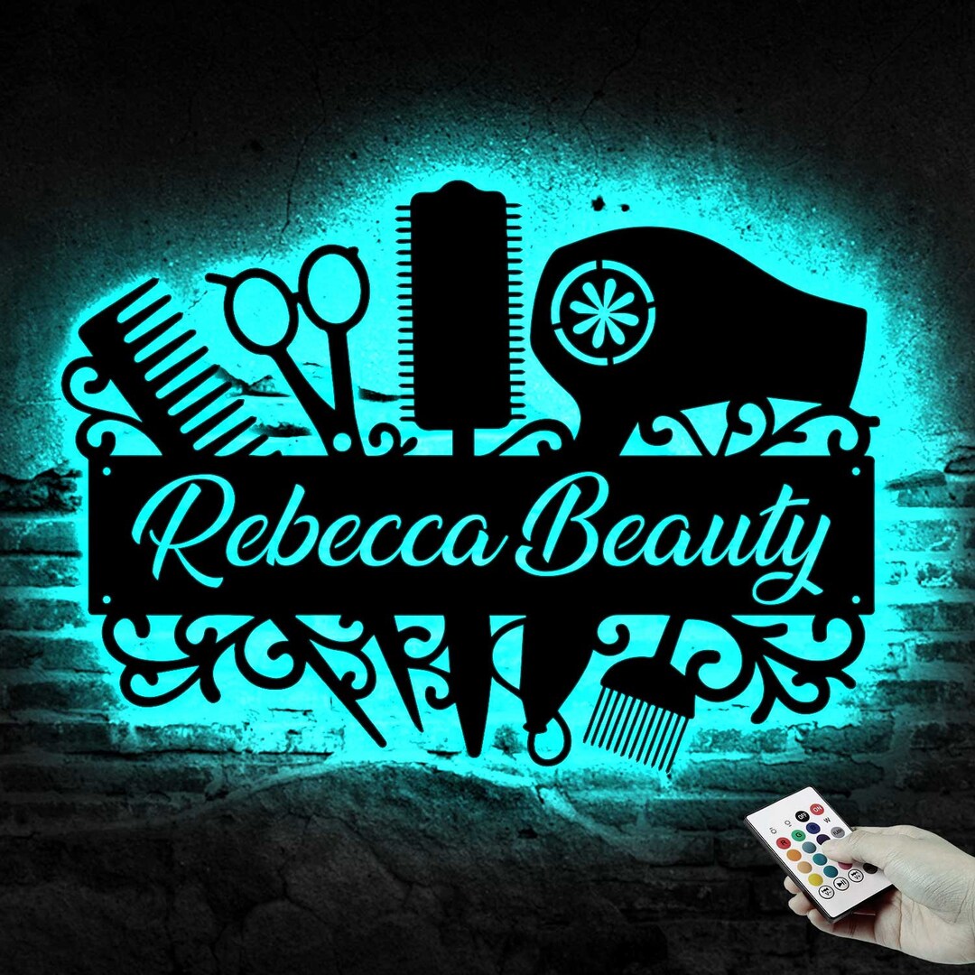 Custom Hair Salon Metal Wall Art LED Light, Personalized Hair Stylist