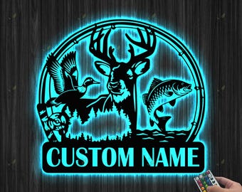 Arte de pared de metal personalizado para caza de patos, luz LED, letrero con nombre de cazador personalizado, decoración del hogar, cabaña de patos, regalo de inauguración de la casa, Navidad y cumpleaños