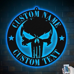 Personalized Skull Name Sign Custom Punisher Skull Metal Wall Art LED Light Home Decor We The People Patriotic Decoration Housewarming Xmas