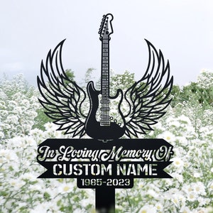 Custom Guitar Angel wings Memorial Stake, Metal Stake, Sympathy Sign, Grave Marker, Remembrance Stake, Guitar Memorial, Personalized Guitar