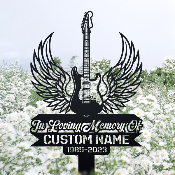 Custom Guitar Angel wings Memorial Stake, Metal Stake, Sympathy Sign, Grave Marker, Remembrance Stake, Guitar Memorial, Personalized Guitar