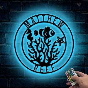 Personalized Fish Reef Name Sign Home Decor, Custom Aquarium Reef Metal Wall Art LED Light,Fish Reef Decor & Gifts, Reef Lover Gifts, Reef