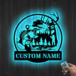 Custom Deer Hunting And Fishing Metal Wall Art Led Light Hunter Name Sign Decoration For Home, Deer Hunting Sign Home Decor Birthday Gift