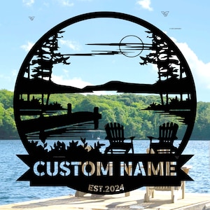 Lake House Sign, Campsite Monogram LAKE SCENE, Personalized Last Name Sign, Address Sign, Custom Lake House Sign, Campfire, Outdoor Decor