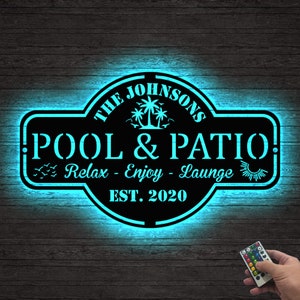 Personalized Pool & Patio Sign LED Light, Custom Pool Sign, Backyard Pool Decor, Backyard Sign Modern Poolside Decor, Swimming Pool Decor