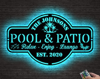 Personalized Pool & Patio Sign LED Light, Custom Pool Sign, Backyard Pool Decor, Backyard Sign Modern Poolside Decor, Swimming Pool Decor