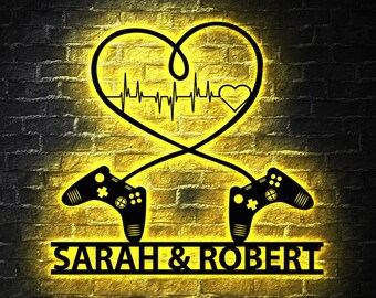 Gaming Couple Metal sign LED light Personalized, Heart Game Controller, Gifts for Couple, Video game Custom Name Metal wall art, Game Room