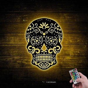Sugar Skull Metal Wall Art with LED Light Day of the Dead Sign Home Decor Dia De Los Muertos Decoration Man Cave Hanging Housewaeming Gift