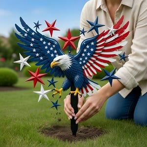 Puede incluir: Una estaca de jardín patriótica con un águila calva americana estilizada con las alas extendidas, pintada en rojo, blanco y azul. Decoraciones en forma de estrella en colores a juego rodean al águila. El águila se está colocando en el suelo.