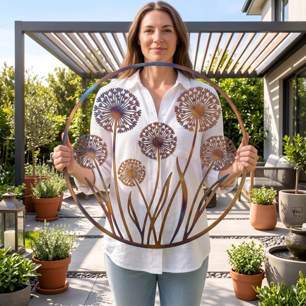 Paardebloembloem muurkunst, bloemen metalen decor, rond natuurbord, botanische tuinornament