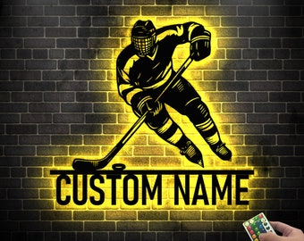 Personalized Hockey Player Metal Sign With LED Light - Custom Name & Number - 16 Color Remote - Sports Wall Decor