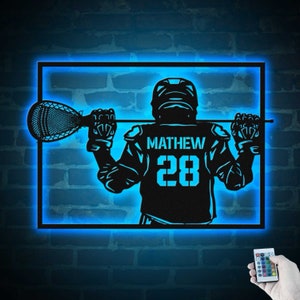 Custom Lacrosse Player Metal Wall Art LED Light Personalized Lacrosse Goalie Name Sign Lacrosse Stick Kid Nursery Decoration Home Decor