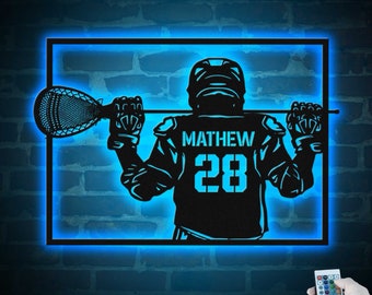 Custom Lacrosse Player Metal Wall Art LED Light Personalized Lacrosse Goalie Name Sign Lacrosse Stick Kid Nursery Decoration Home Decor