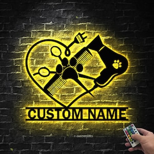 Custom Dog Grooming Hair Salon Metal Wall Art LED Light Personalized Groomer Name Sign Home Decor Pet Grooming Decoration Christmas Gift