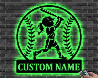 Personalized Softball LED Sign, Custom Name Metal Wall Art, Baseball Player Gift,Daughter Room Decor,Sports Team Sign,Softball Gift for Girl