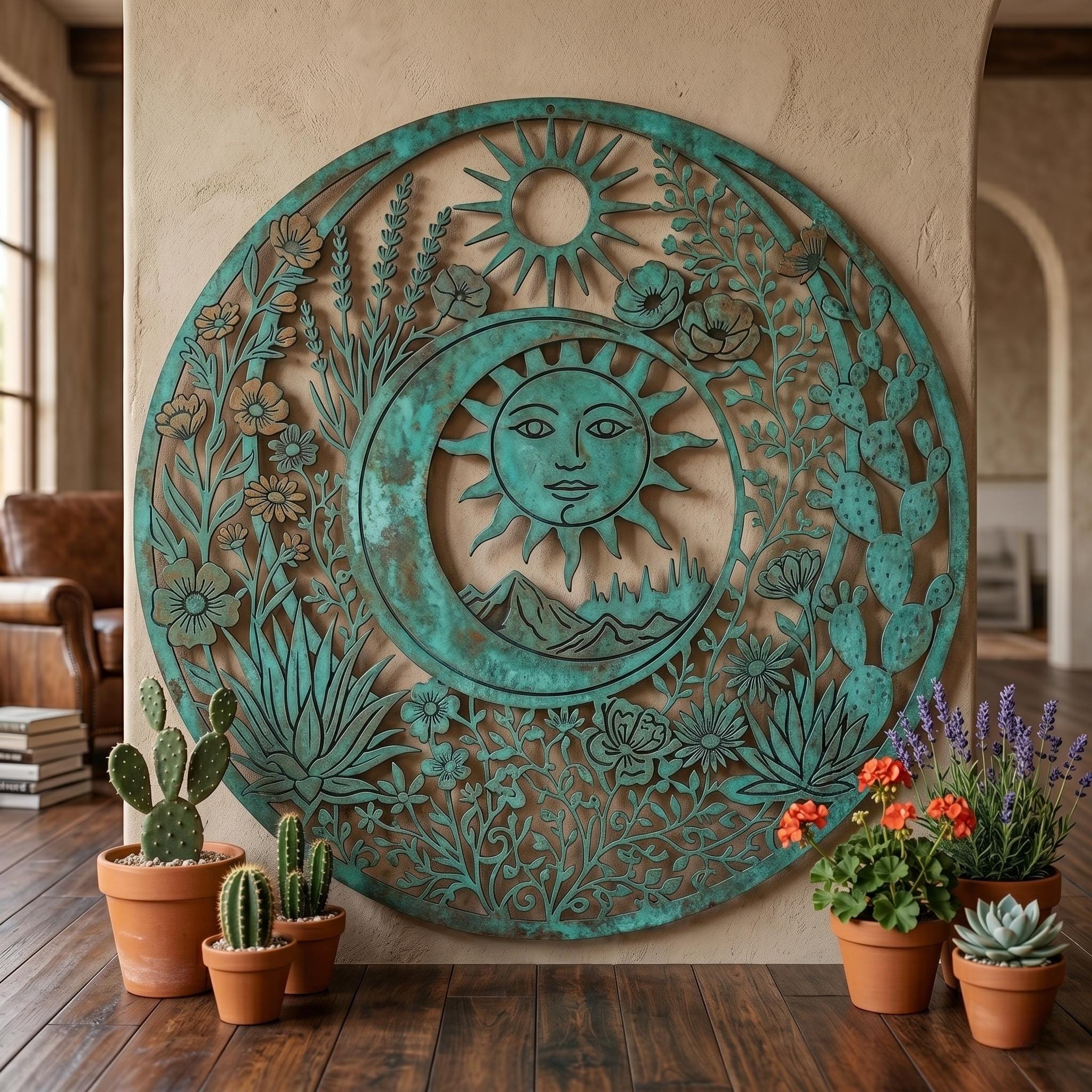 Celestial Sun and Moon Metal Wall Art, Southwest Desert Garden Decor ...