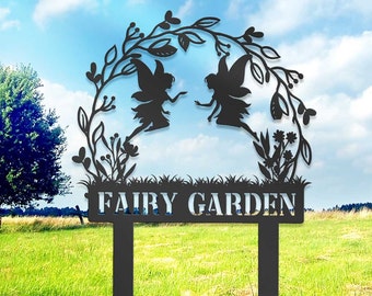 Letrero metálico personalizado para jardín de hadas, estaca para jardín de hadas, letrero de jardín personalizado, arte de jardín de hadas de metal, decoración de jardín al aire libre, regalo para jardineros.