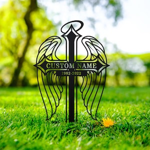 Memorial Cross Stake Personalized, Metal Cross with Angel Wings for Outdoor, Memorial Cross Stake, Metal Grave Stake, Cemetery Stake, Cross