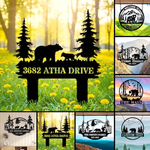Personalized Bear Family Address Sign, Custom Family Name Mountain Home Sign, Bear & Pine Tree Design, Outdoor Address Plaque , Cabin Decor