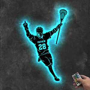 Personalized Lacrosse Player Metal Wall Art LED Light Custom Lacrosse Goalie Name Sign Home Decor Lacrosse Stick Kid Nursery Decoration Gift