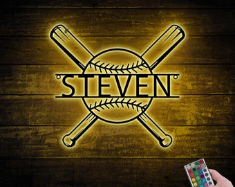 Art mural en métal de batte de baseball personnalisé avec lumière LED, décoration personnalisée de signe de nom de joueur de baseball pour la chambre, cadeau de décor LED en métal de baseball