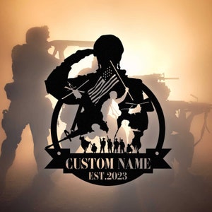 Custom US Soldier Military Metal Wall Art LED Light Personalized American Army Name Sign Home Decor Veteran Patriotic Decoration Xmas gifts