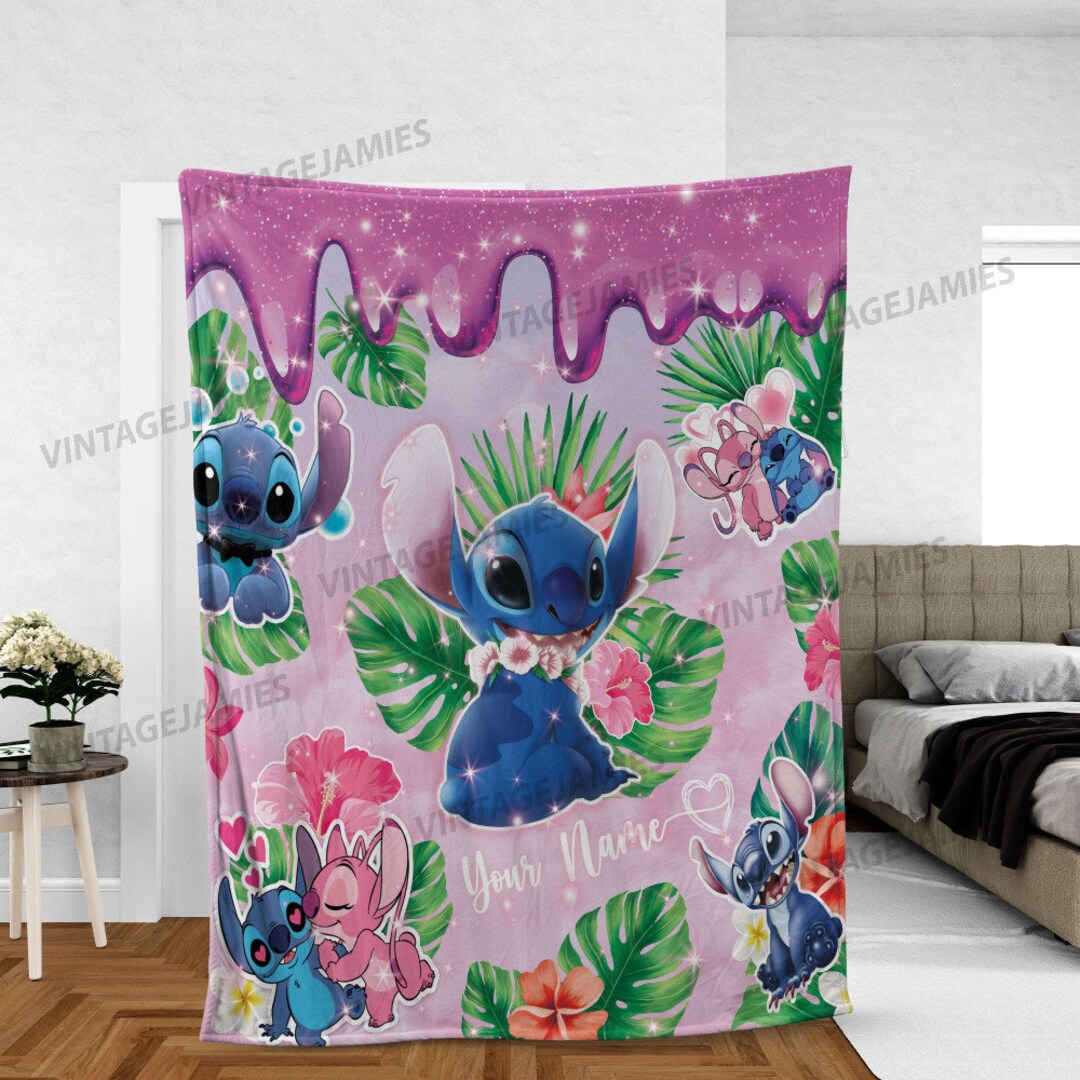 Personalized Kid Name Blanket, Cartoon Stich Tropical Blanket, Custom
