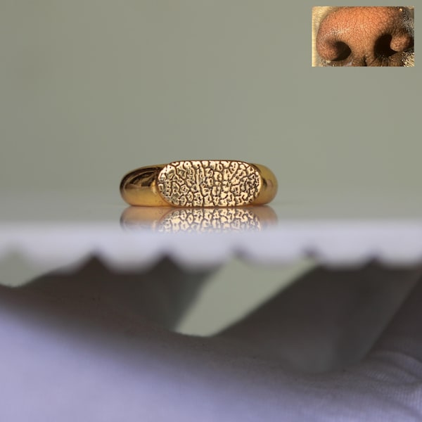 Könnte beinhalten: Ein goldener Ring mit einer strukturierten, ovalen Oberseite. Die Textur ähnelt einem Fingerabdruck.