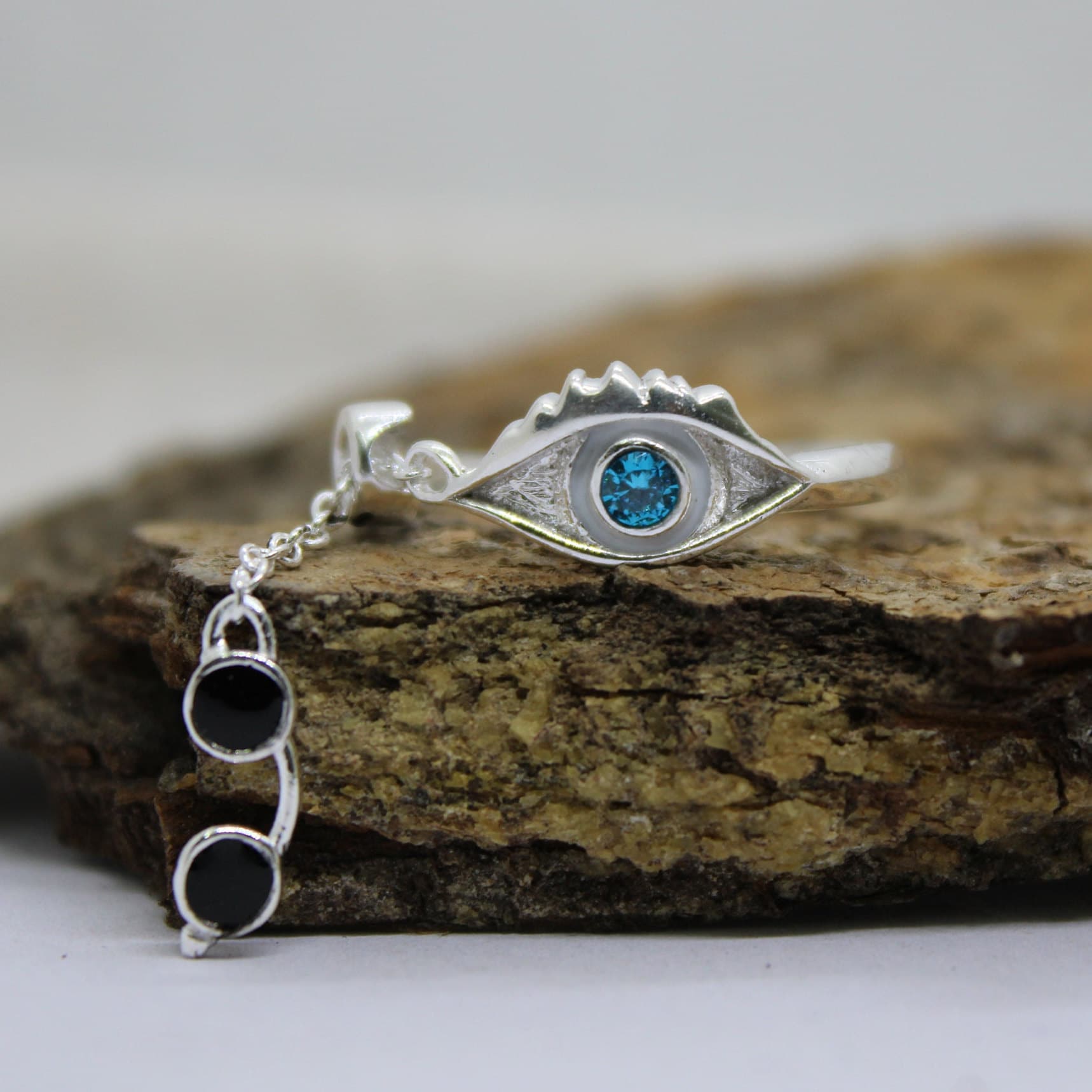 Sterling Silver Evil Eye Ring, Blue CZ, Dangle Chain, Protection