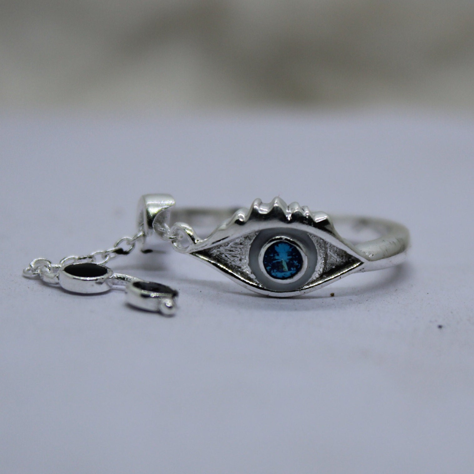Sterling Silver Evil Eye Ring, Blue CZ, Dangle Chain, Protection