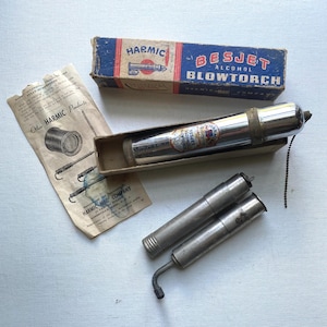 2 Different Antique Alcohol Blowtorch Soldering Torches - HARMIC with Box and Instructions Plus Unmmarked Jim Dandy Style Alcohol Blowtorch