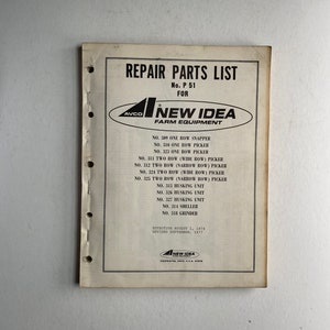 May include: A vintage repair parts list for New Idea Farm Equipment, featuring a black and white logo and text. The document includes a list of parts for various farm machinery, such as pickers, husking units, and grinders. The document is dated 1974 and 1977.