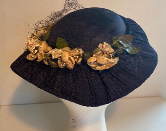 Vintage Kates Canada 100% Wool Felt Blue Flower Dress Hat 