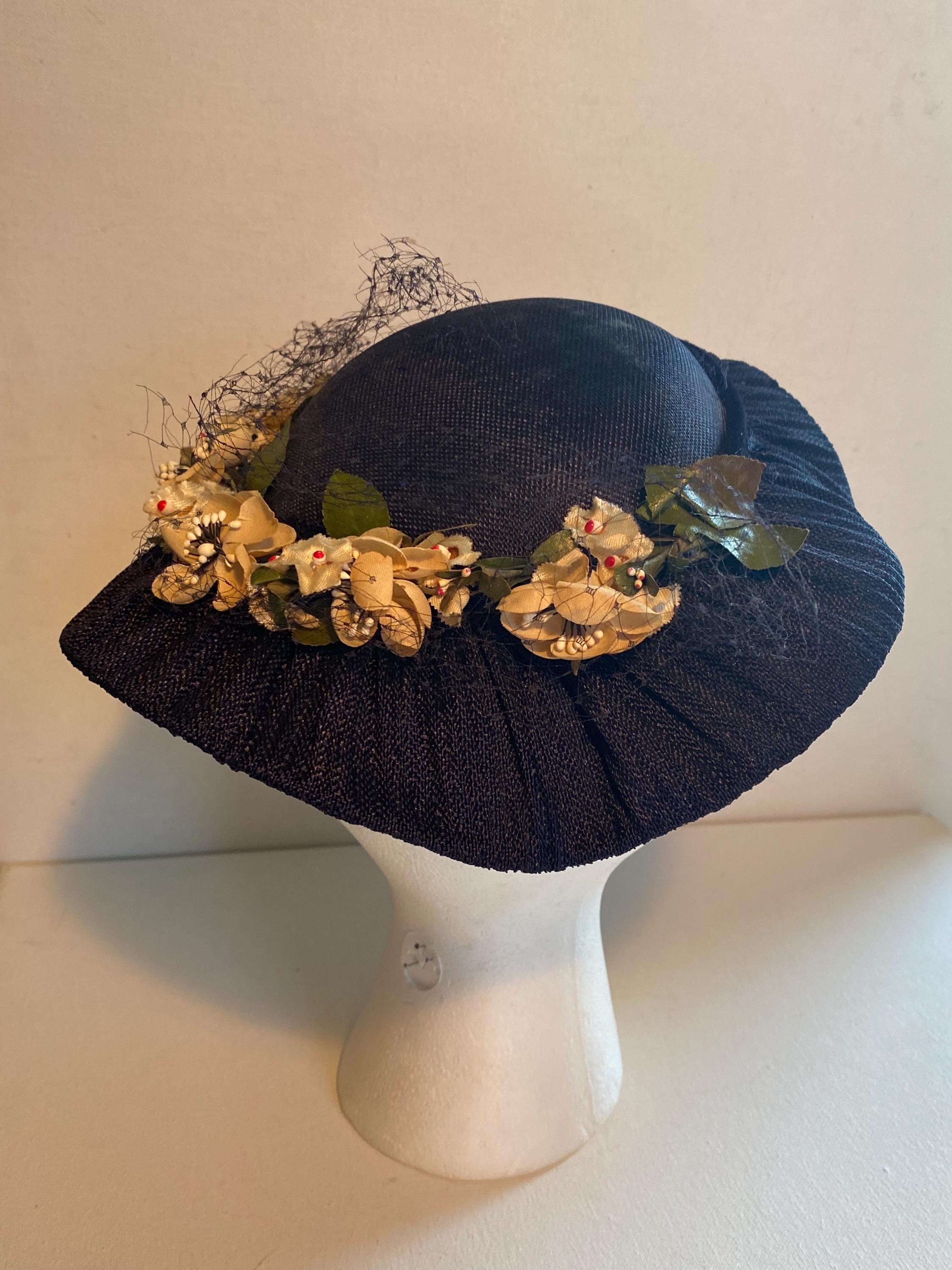 Vintage Black Wool Hat Gold Embroidered Brim Floral Satin Band Rosette Black Satin and Velvet Antique Hat – Vintage Passementerie main image 2