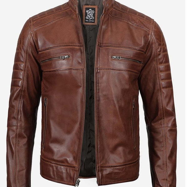 Austin Men's Cognac Waxed Biker Cafe Racer Leather Jacket