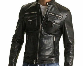 DESIGNER New Men's Black Leather Jacket 100% Soft Sheepskin Moto Biker Jacket