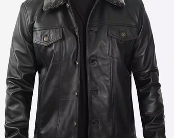 Handmade Men's Fernando Black Shearling Collar Leather Trucker Jacket