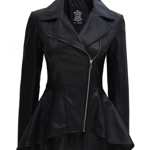 Handmade Womens Black Peplum Leather Jacket image 1