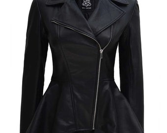 Handmade Womens Black Peplum Leather Jacket